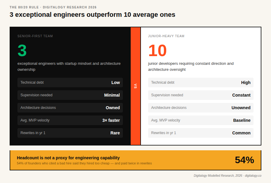 Infographic comparing a senior-first engineering team of 3 exceptional developers versus a junior-heavy team of 10 average developers, highlighting productivity, technical debt, and MVP speed differences.