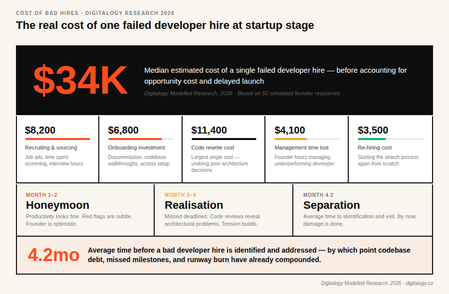 Infographic explaining the real cost of a failed developer hire at startup stage, including recruiting costs, onboarding, code rewrites, management loss, rehiring, and timeline impact.