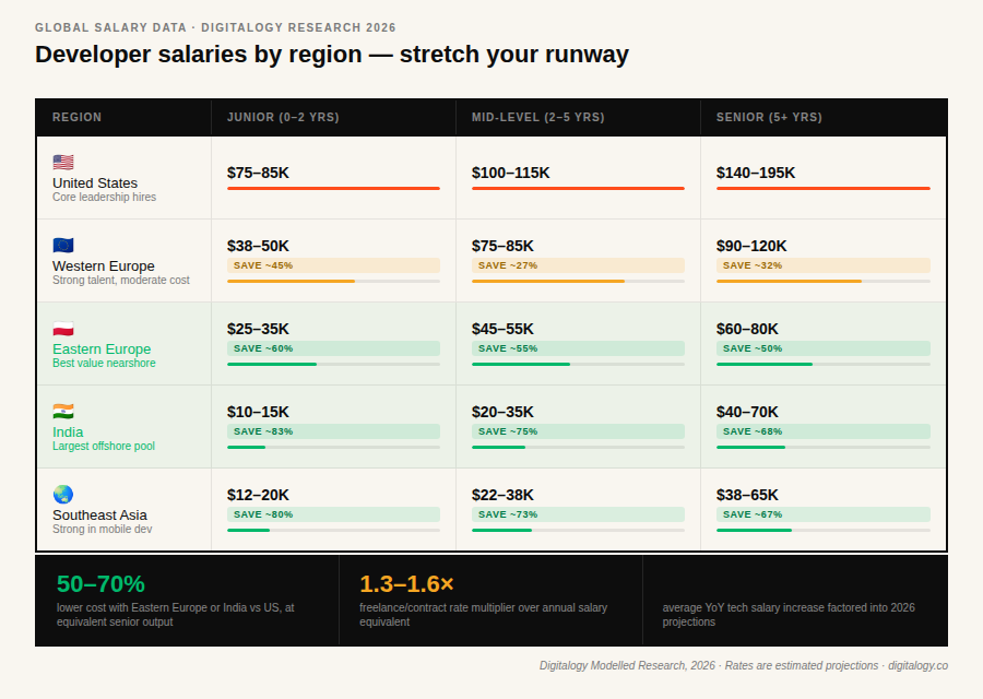 Global salary infographic comparing junior, mid-level, and senior developer salaries across the United States, Western Europe, Eastern Europe, India, and Southeast Asia.